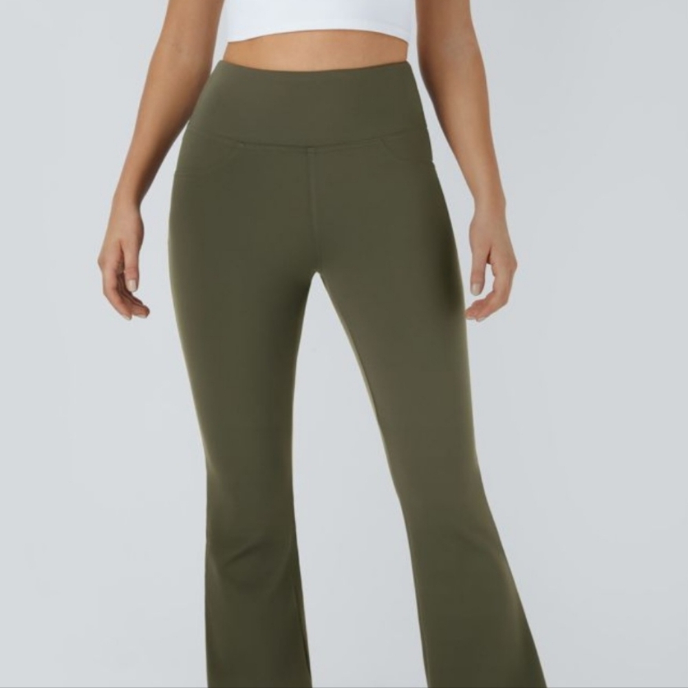 High-Waisted Green Flare Pants with Stretch